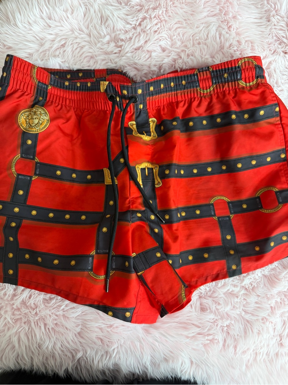 Versace Red and Black Chain-Print Swim Trunks